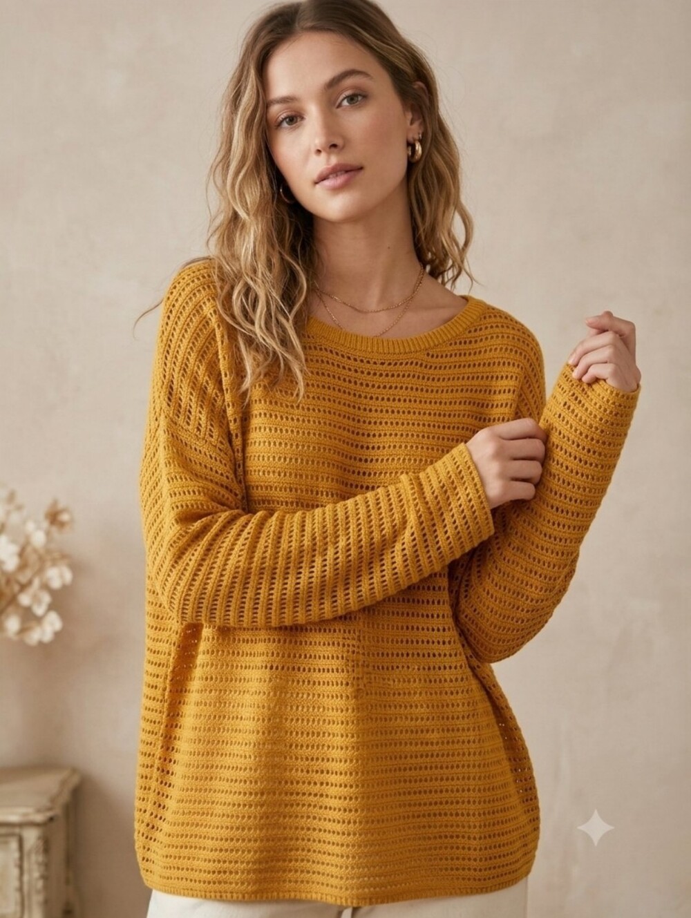 D/C Jeans 100% Cotton Open-Knit Scoop Neck Sweater - Mustard